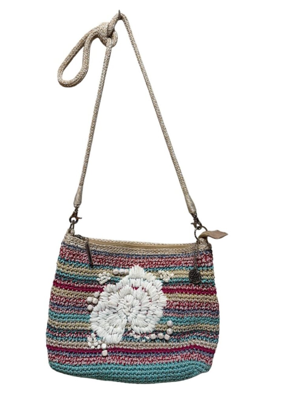 The Sak Crochet Crossbody Bag Floral Design Multicolor Zipper Closure Boho